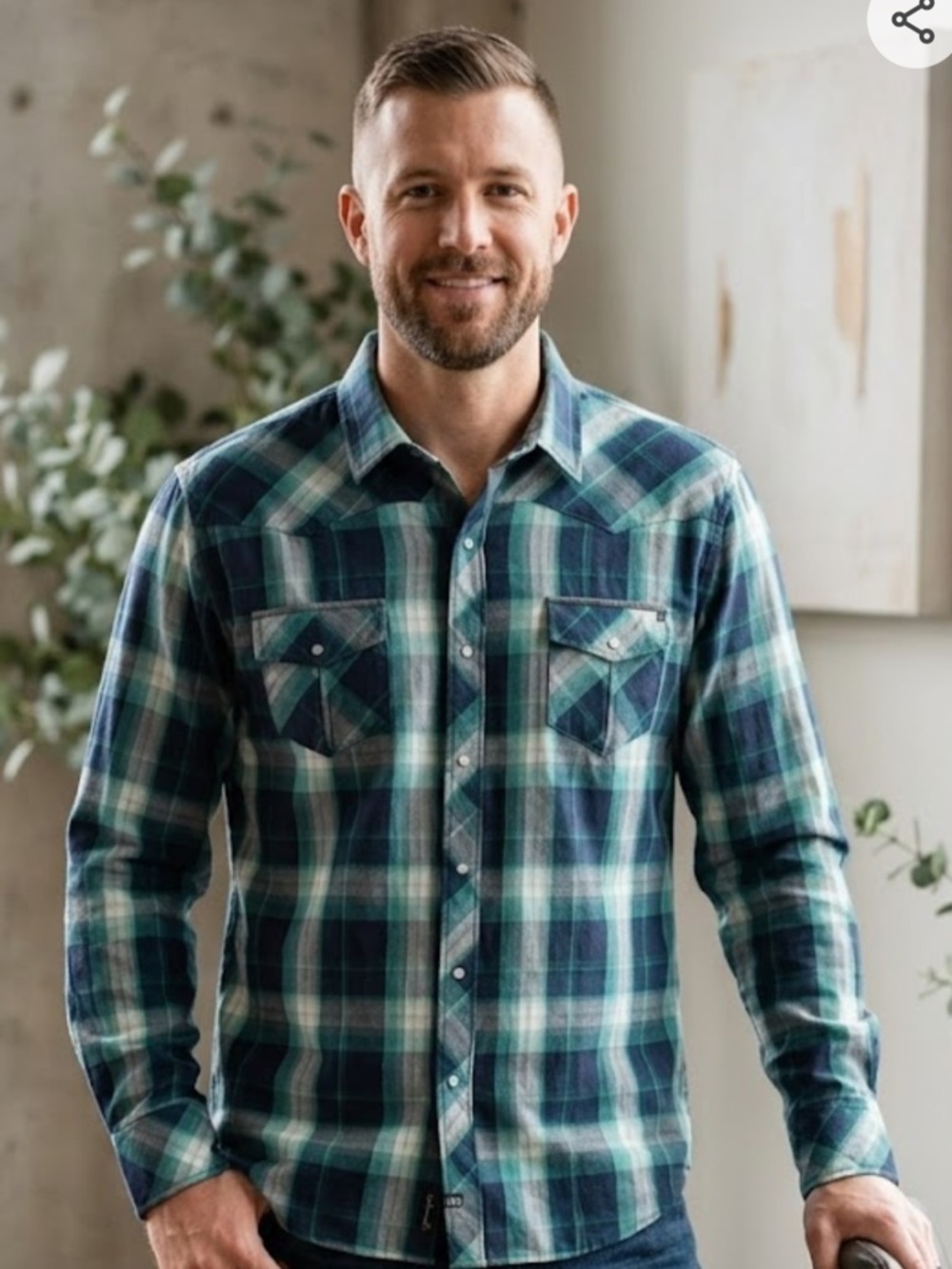 7 Diamonds Teal and Navy Plaid Button-Down Shirt